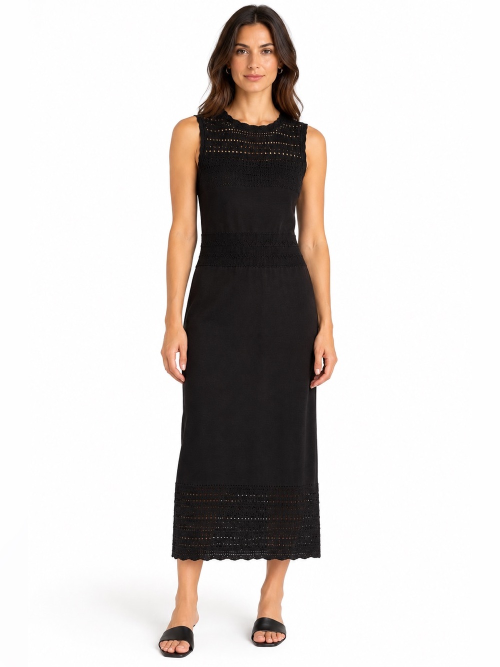 Zero Black Openwork Crochet Detail Knit Midi Dress Size Large